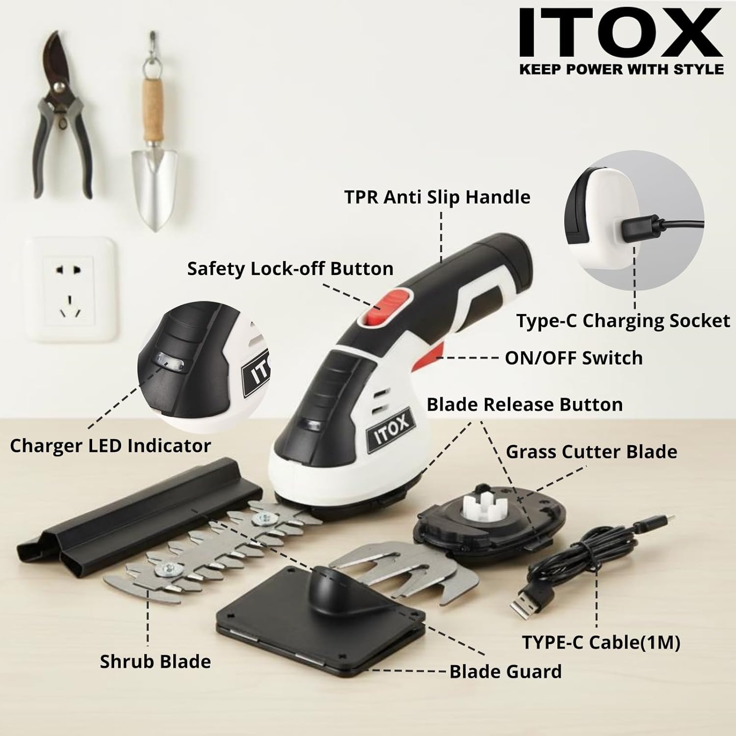 Cordless Grass Shear & Shrubbery Trimmer - 2 in 1 Handheld Hedge Trimmer Electric Grass Trimmer Hedge Shears/Grass Cutter Rechargeable Lithium-Ion Battery and Type-C Cable Included (White)