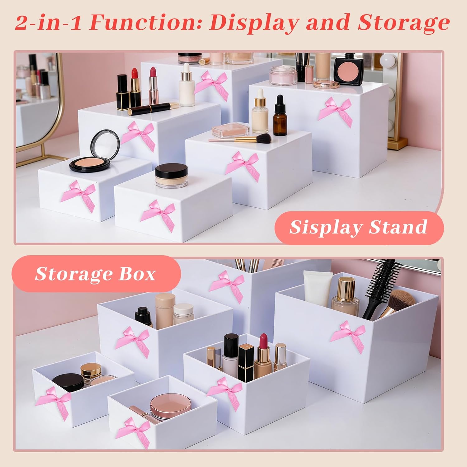 6 Pcs Acrylic Buffet Risers with Mini Signs and Makers, White Food Display Stands with Bowknot and Hollow Bottoms, Nesting Cube Boxes for Party, Dessert, Jewelry & Collectibles (8",7",6",5",4",4")