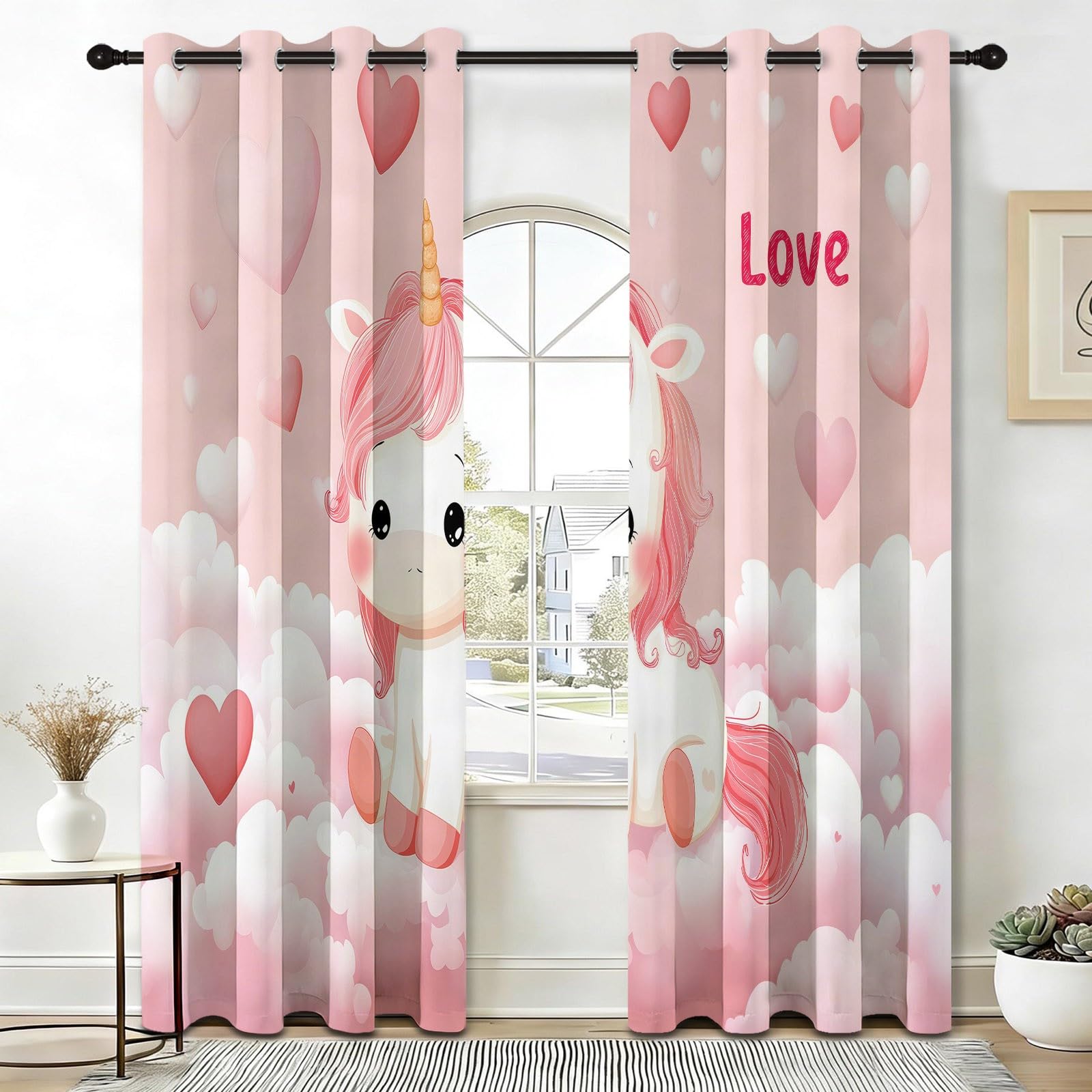 Rideau Occultant Thermiques Anti Froid Licorne Dessin Animé Nuages Cœur, 117 x 229 cm(LxH), Rideau Isolant Anti-Bruit, Économie d'Énergie, Idéal pour Chambre d'Enfant Jardin d'Enfants, Rose, 2 Pièces