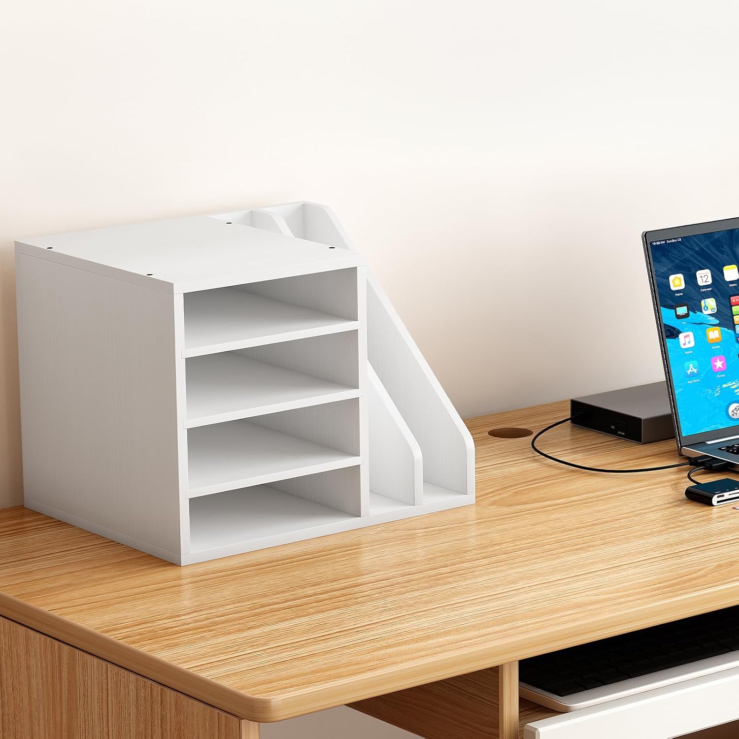 Wood Desk Organizer File Holder, Wooden Mail Organizer Countertop with Adjustable Compartments, Desktop File Organizer Paper Sorter for Home, Office and School, Envelope Organizer, White