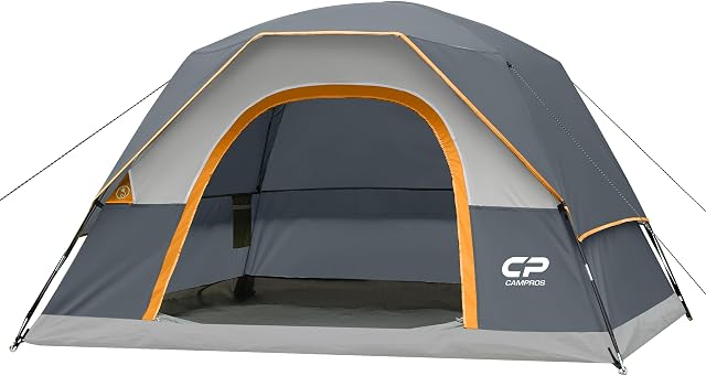 CAMPROS CP Tente 2/4/6 Tente pour personne, Tente de camping imperméable avec pluie, Grandes Fenêtres Mesh, Porte plus large, Installation facile, Portable avec sac de transport