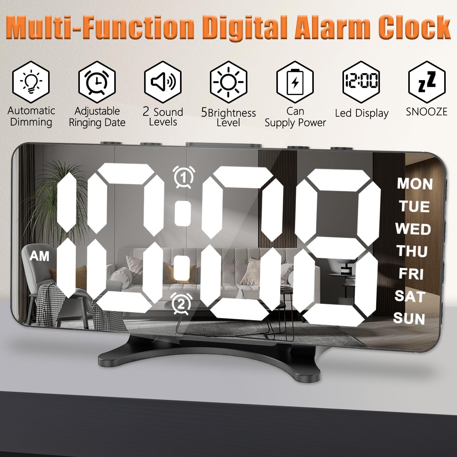 Reloj despertador digital para dormitorios, alarmas duales, puerto de carga USB, volumen y brillo ajustables, atenuación automática, decoración de sala de estar, súper fuerte, negro