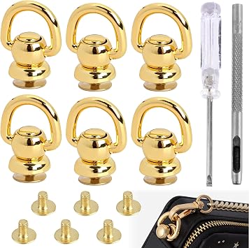 MILAKE 6 Pcs D Rings for Purse Hardware Kit, Solid Brass Leather Rivets Kit with Screw, Hole Punch and Screwdriver, Rotatable Chicago Screw for Repair Handbag Strap, Dog Collar, Sewing Craft Gold