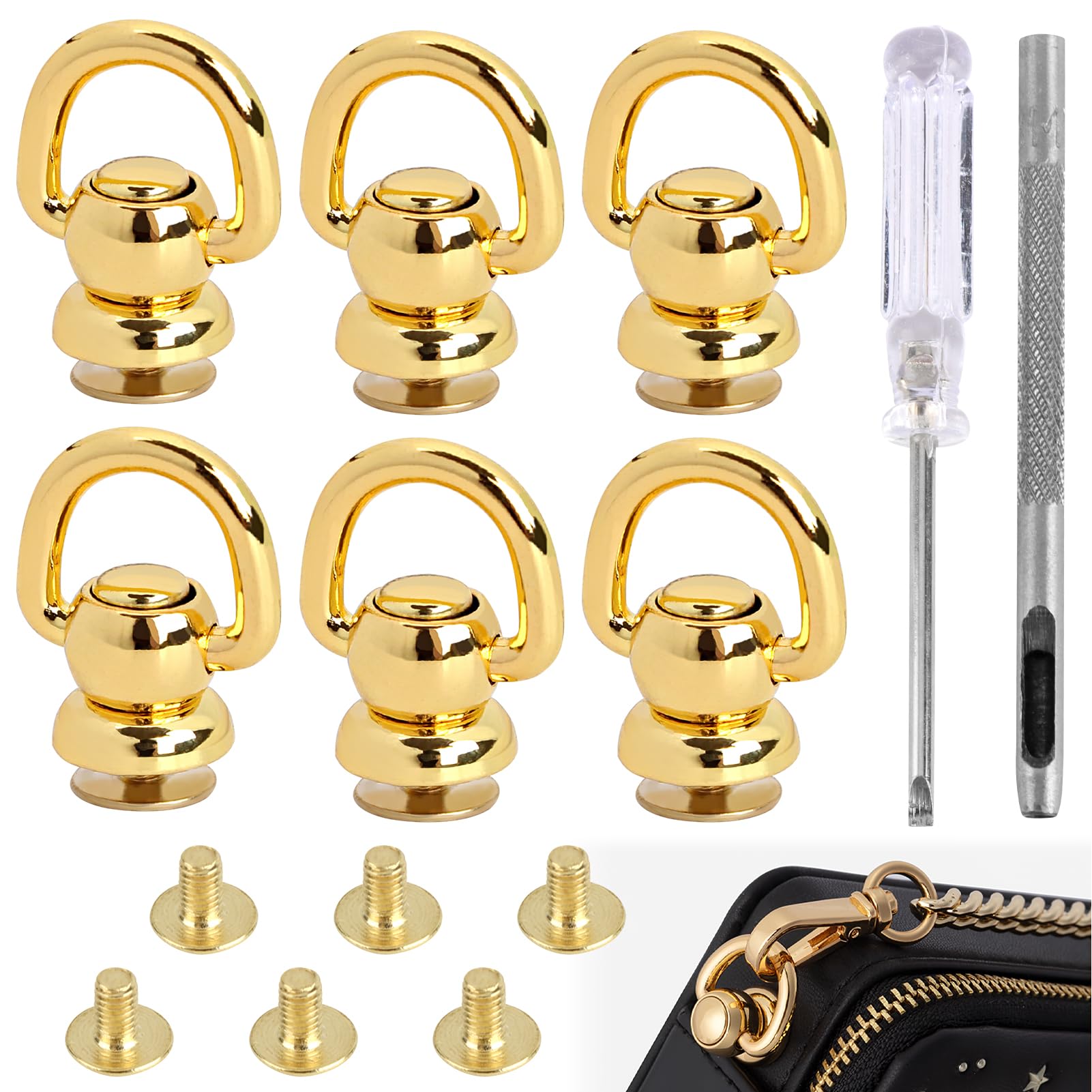 6 Pcs Rotatable D Rings for Purse Hardware Kit, Solid Brass Leather Rivets with Screw Posts, Hole Punch and Screwdriver for Handbag Strap Repair, Dog Collar, Sewing Craft (Gold)-image-42