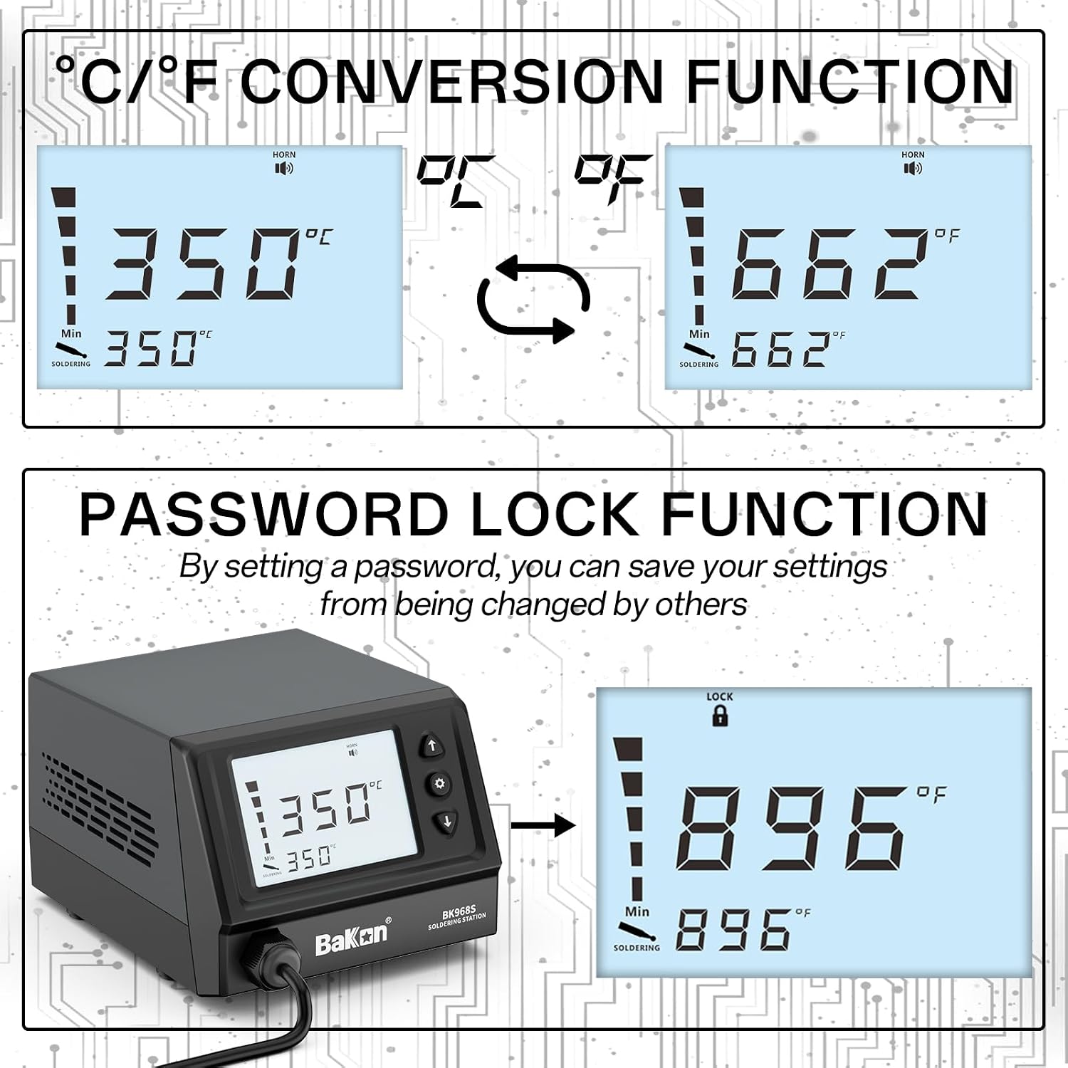 BAKON 968S display showing Celsius/Fahrenheit conversion and password lock function