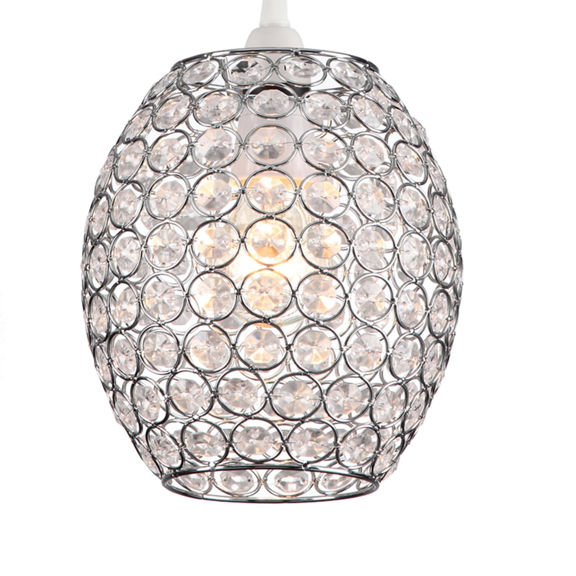 Loxton Lighting - Oval Crystal Pendant Light Shade Clear Jewels with Modern Chrome Hanging lamp - EasyFit ES/BC Shade Ring Ceiling Light for Bedrooms, Lounges, Halls, Kitchens (1)