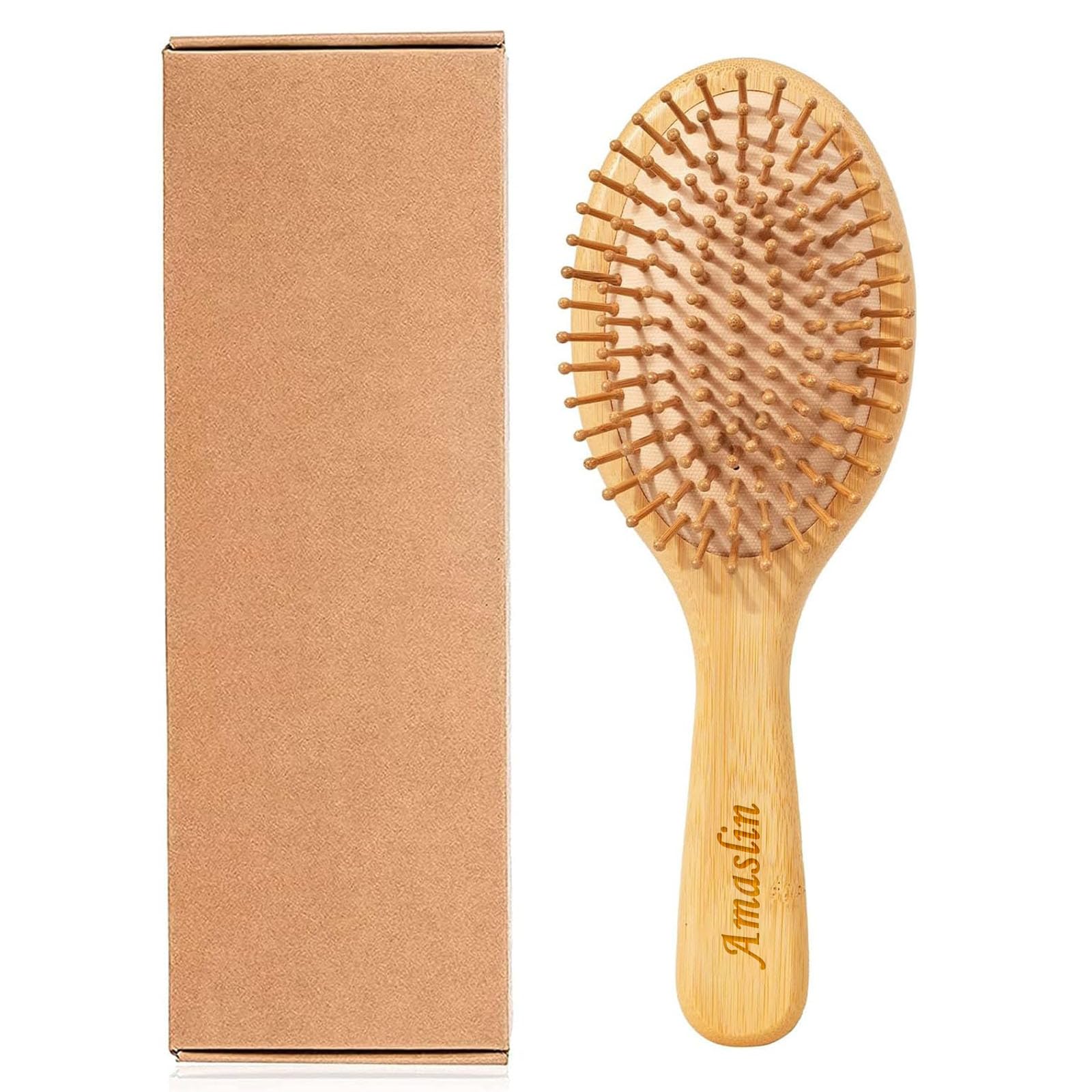 Amaslin 竹製ヘアブラシ 頭皮マッサージブラシ 静電気防止で髪にツヤとやさしい 肩マッサージも可能 人間工学設計の握りやすいグリップ 男女兼用 (円形)