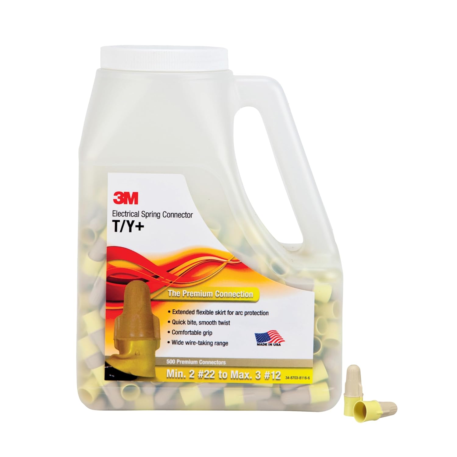 3M Performance Plus Wire Connector, T/Y+JUG, Tan/Yellow, Flexible Steel Spring Connectors, Twist On, CSA Certified, UL Listed, Jug of 500, 22-12 AWG