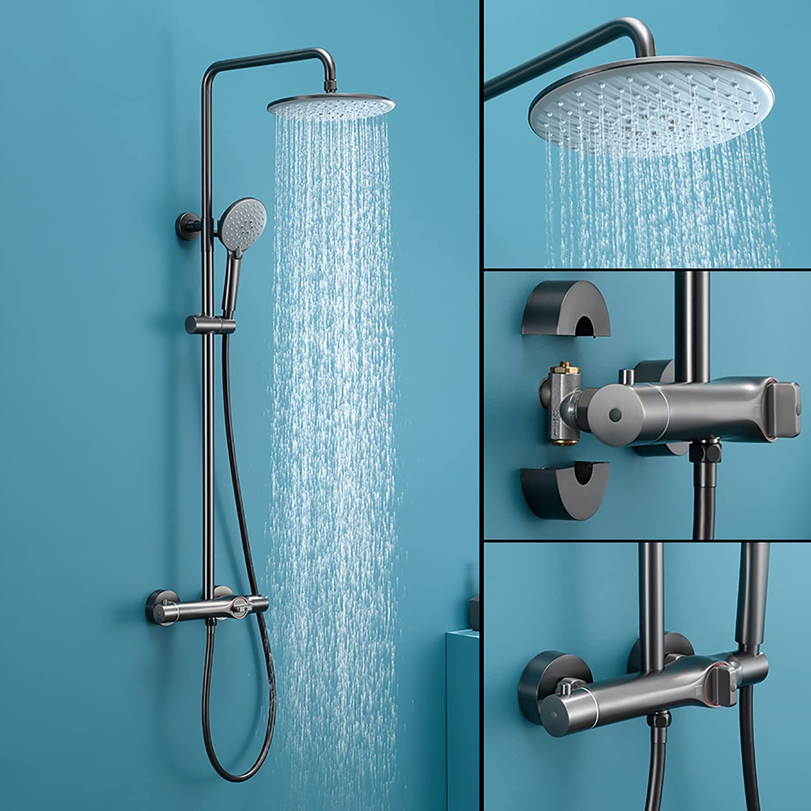Rubinetti, Rubinetto/Secchiello, Set doccia combinato miscelatore pioggia sistematico con soffione doccia a pioggia da 10", Set rubinetto doccia con set combinato LD, 2 funzioni/Nero, Grigio canna di
