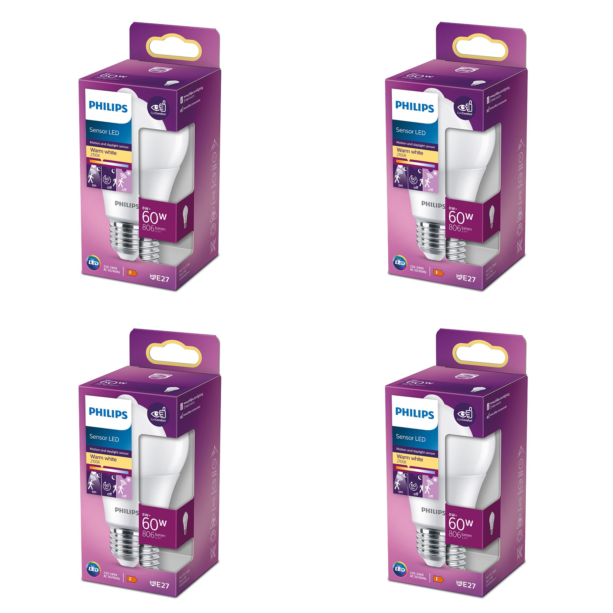 Philips Vorteilspaket - E27 - Standard LED Lampe mit Bewegungsmelder - Matt - 60W - Nicht dimmbar - Warmweißes Licht - Set 4 Stück
