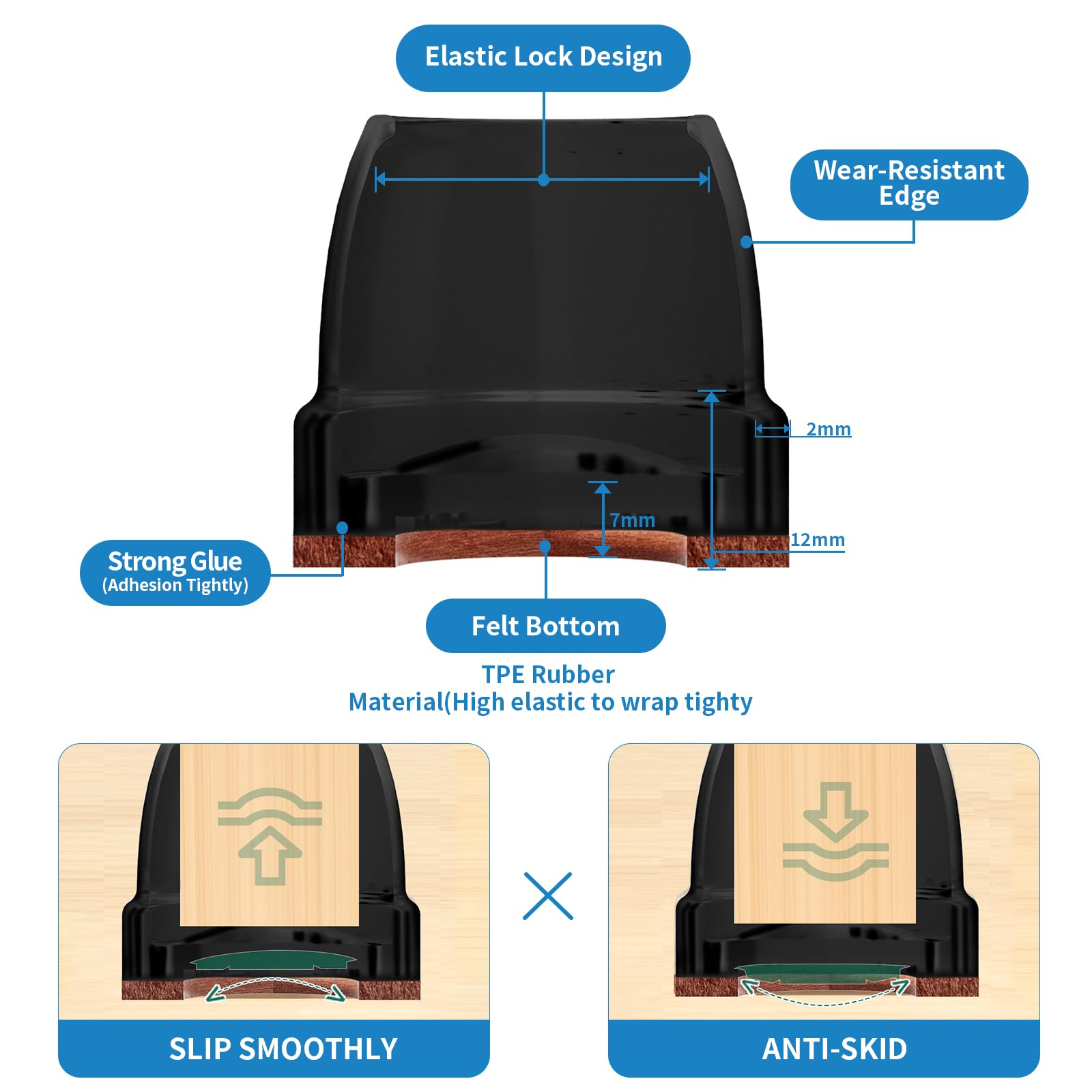 Ezprotekt 32*Chair Leg Covers, 0.75" Black Silicone Chair Leg Floor Protectors with Wrapped Felt - Image 2