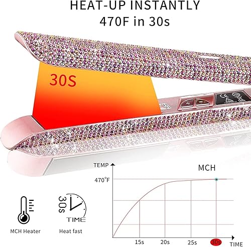 Miniatura 2 de Plancha plana de titanio con hermoso diamante de imitación de cristal, alisador y rizador 2 en 1, apagado automático de 60 minutos, pantalla LCD de
