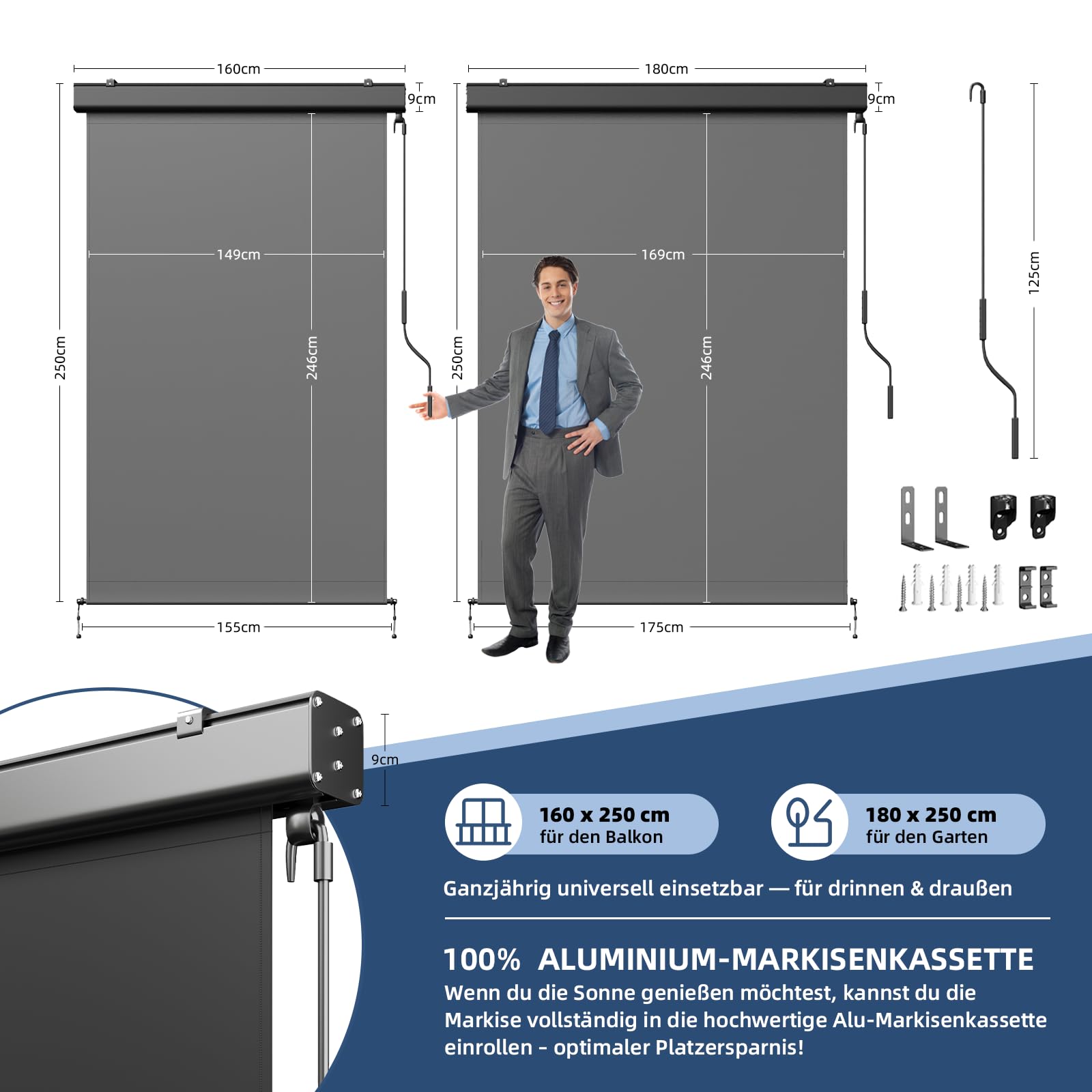 UDPATIO Senkrechtmarkise außen 160x250cm, Balkon Sichtschutz, Markise mit Handkurbel, Außenrollo Wetterfest Sonnenschutz, 280g/m² Balkonrollo aus Aluminium für Terrasse, Grau Wasserdicht