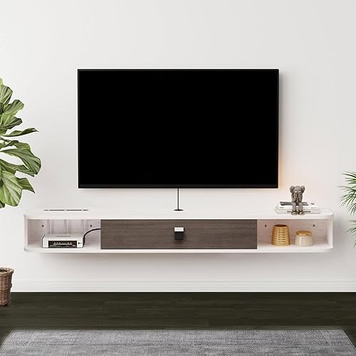 Miniatura 10 de Unidad de TV Flotante, Gabinete de TV Montado en Pared de 47'', Estantes Flotantes con Puerta, Centro de Consola de Entretenimiento Multimedia