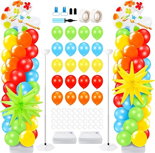 Miniatura 11 de Kasyat Juego de 2 soportes de columna de globos de discoteca de los años 90 y 80 con bola de discoteca, nota musical, globo de estrella explosiva de