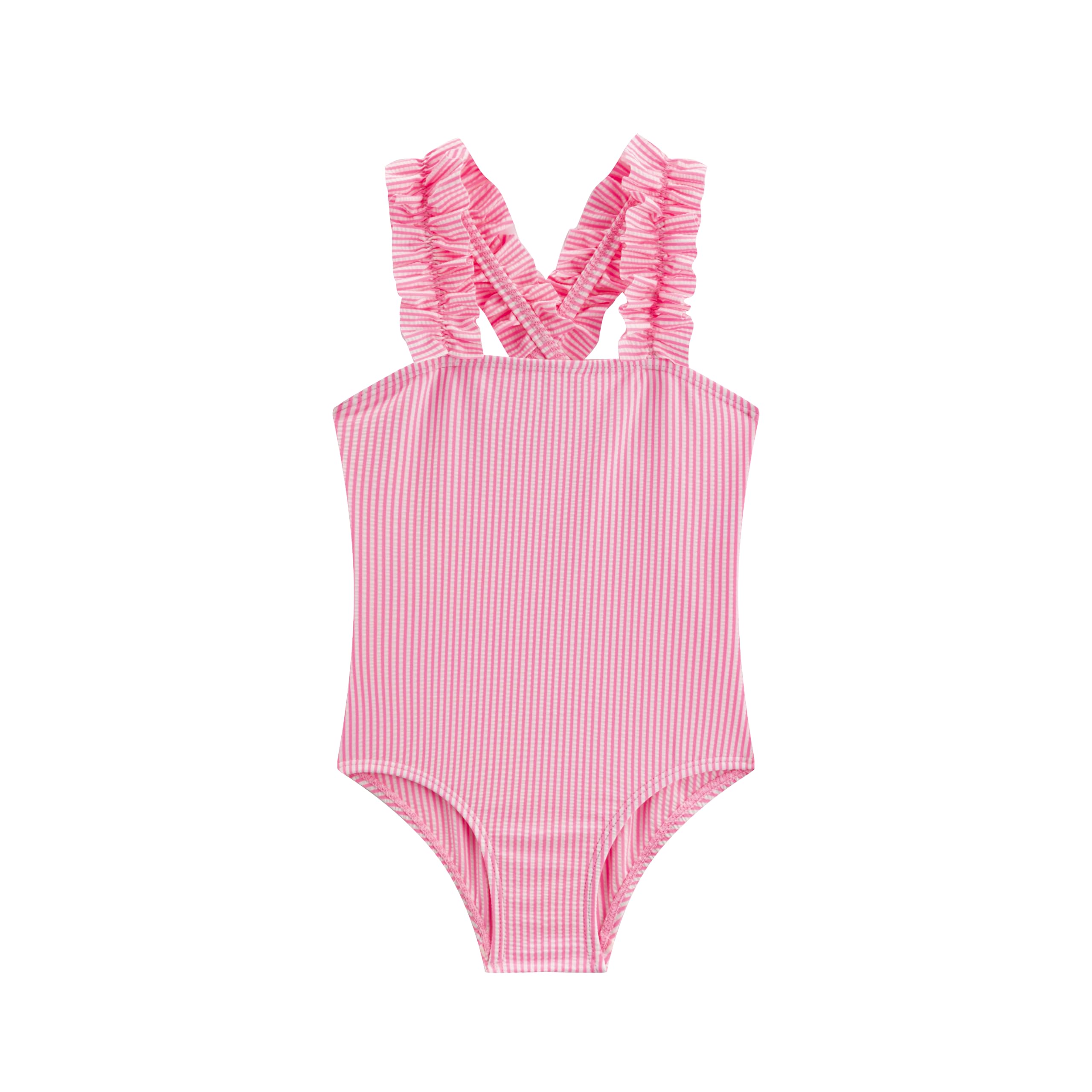 LIZENS Girls One Piece Swimwear Pink Stripe Ruffled Shoulder Straps Girls Swimsuit Size 2-12(BDG18202,10-12T)