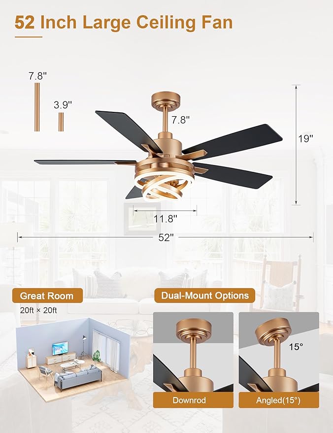 Ventilador de Techo 52" Con Luz LED Dimmable Control Remoto miniatura 2