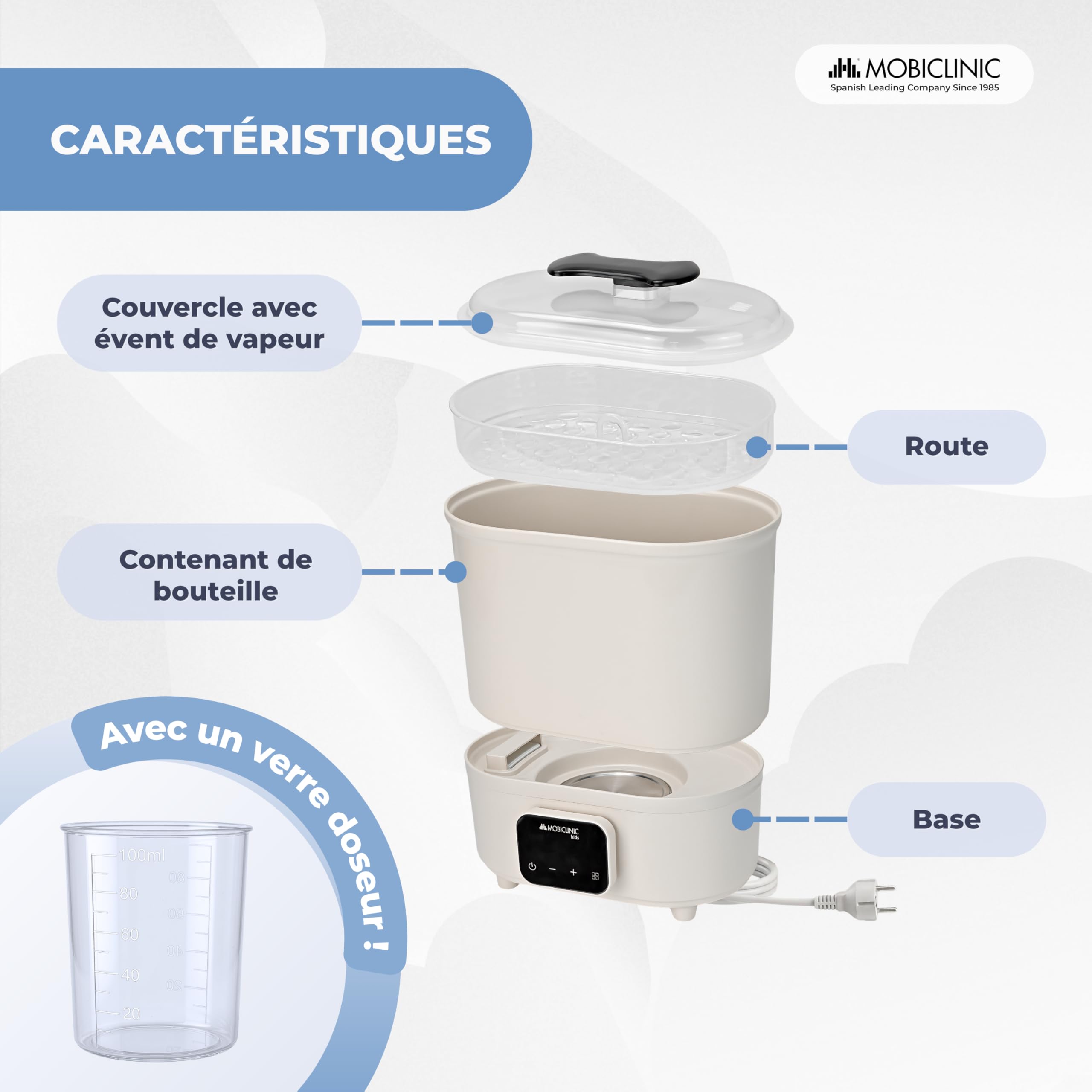 Mobiclinic®, Stérilisateur Biberons, 4 en 1, Jusqu'à 6 Bouteilles, Sèche, Maintient la Température, Mode Automatique, Sucettes et Tire-lait, Écran LCD, Compact, Mobibi