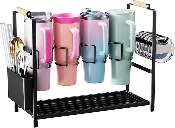 Water Bottle Organizer Drying Rack for 40 oz Tumbler with Handle, 2 in 1 Multifunctional Cup Storage Holder Compatible with Stanley, Owala, Simple Modern, Soufull, 4 Slots (Patented)