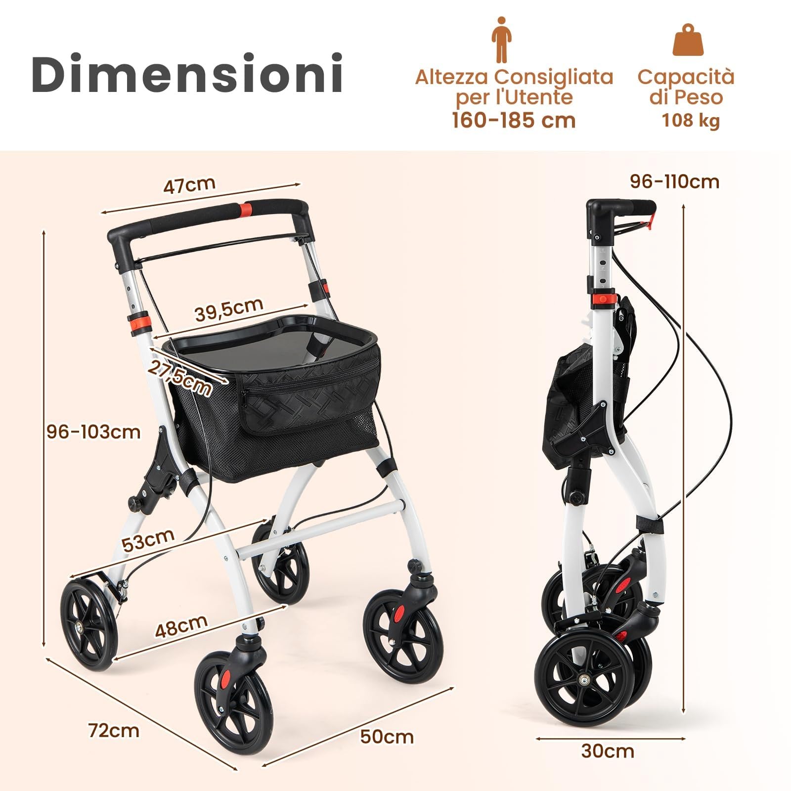 COSTWAY Deambulatore Sedia a Rotelle Pieghevole, Deambulatore per Anziani Leggero con Vassoio, Cesto, 4 Ruote e Freni, Deambulatore Regolabile in Altezza e Adatto per Spazi Stretti