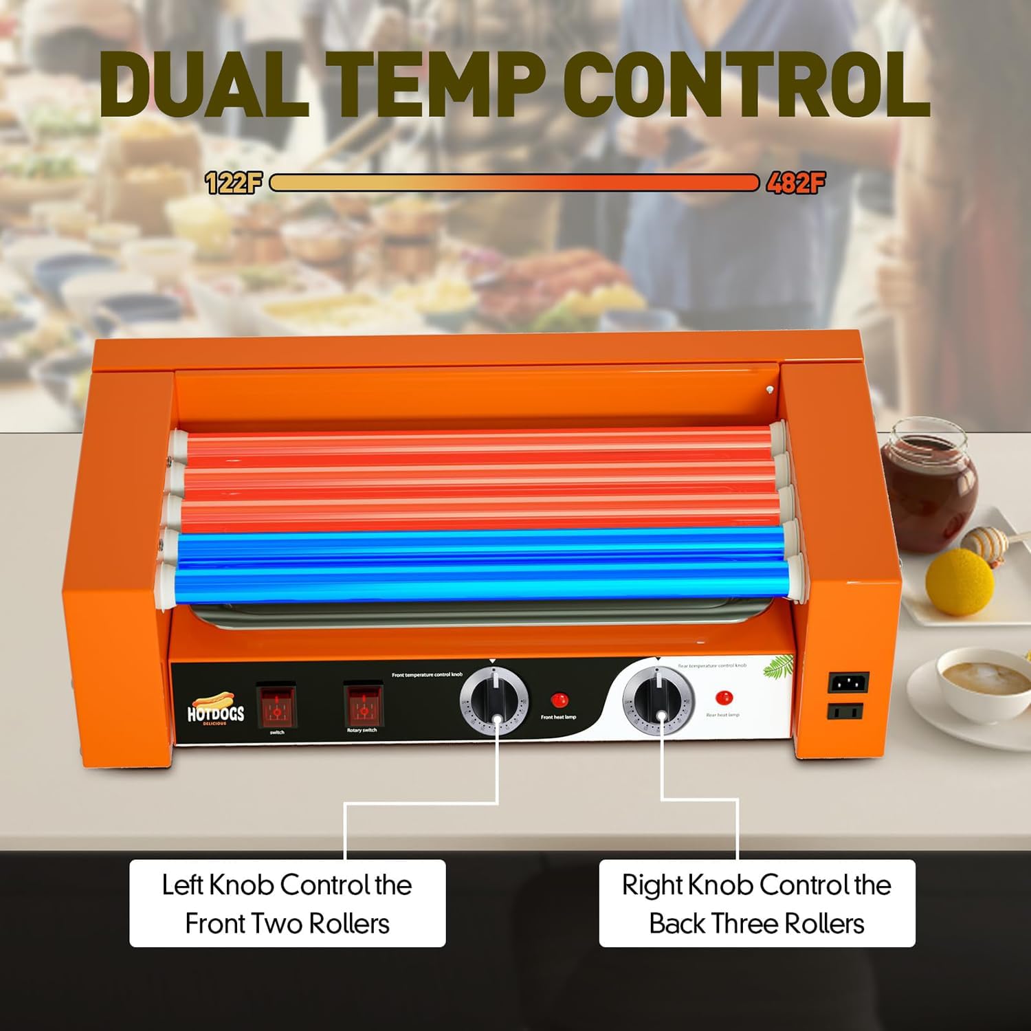 Hot Dog Roller Grill 1000W – Parrilla para salchichas con rodillo, control de temperatura dual, bandeja de goteo extraíble y cubierta, máquina calentadora perfecta para perros calientes para uso