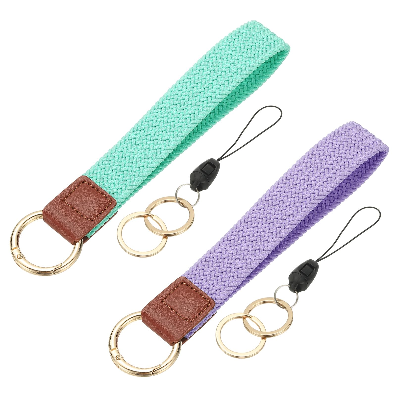 PATIKIL Keychain Wristlet, 2 Pcs Cute Keychain Stretchy Woven Wrist Lanyard Strap Key Ring Car Keys Chain Accessories Hooks for Women Men Wallet ID Badges Card, Light Purple/Light Green