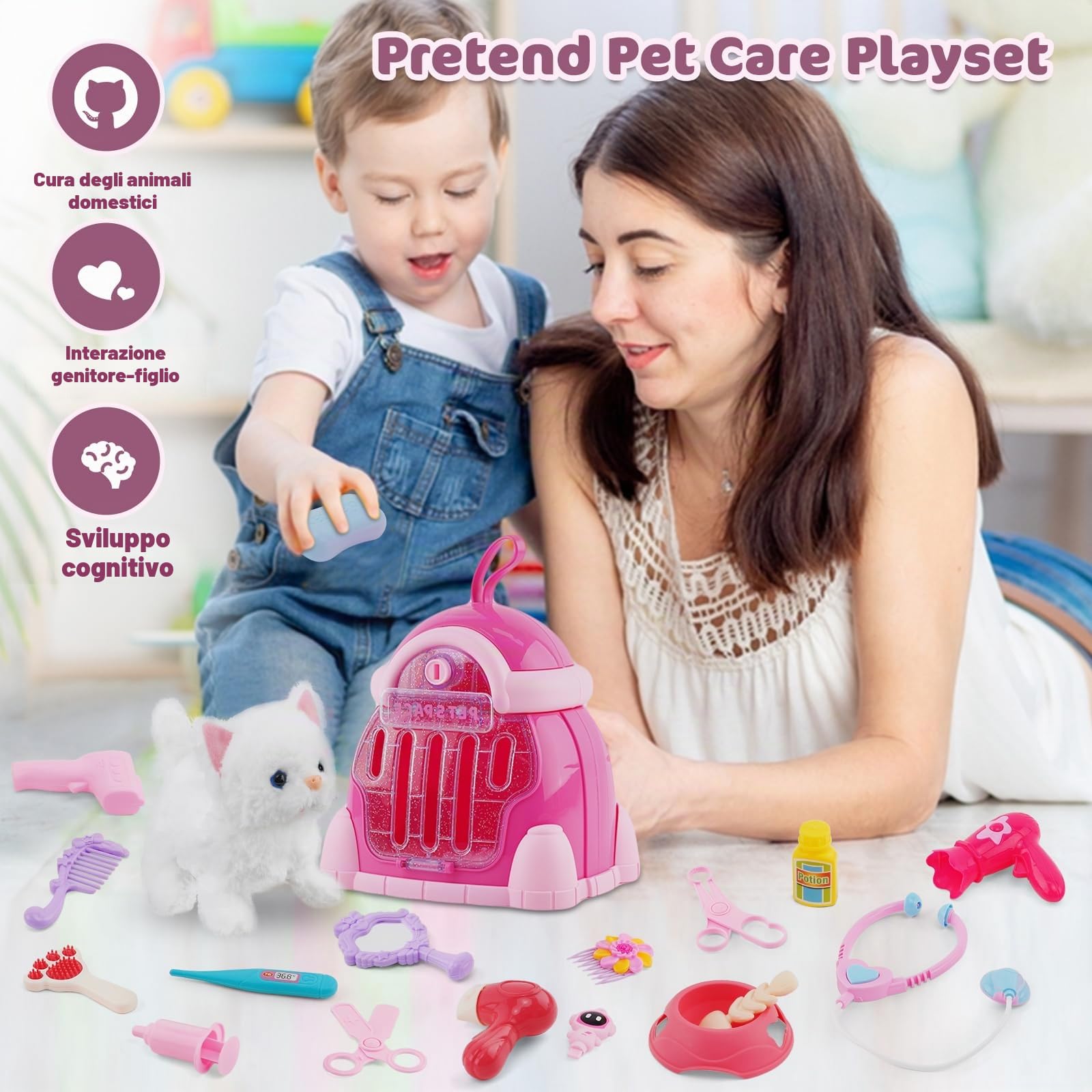 Gatto Giocattolo di Peluche con Guinzaglio che Miagola e Cammina,Interattivo Elettronico Animali Domestici Giocattoli Gatto, Giocattolo Interattivo Include 20 Accessori per bambini 3 4 5 6 7