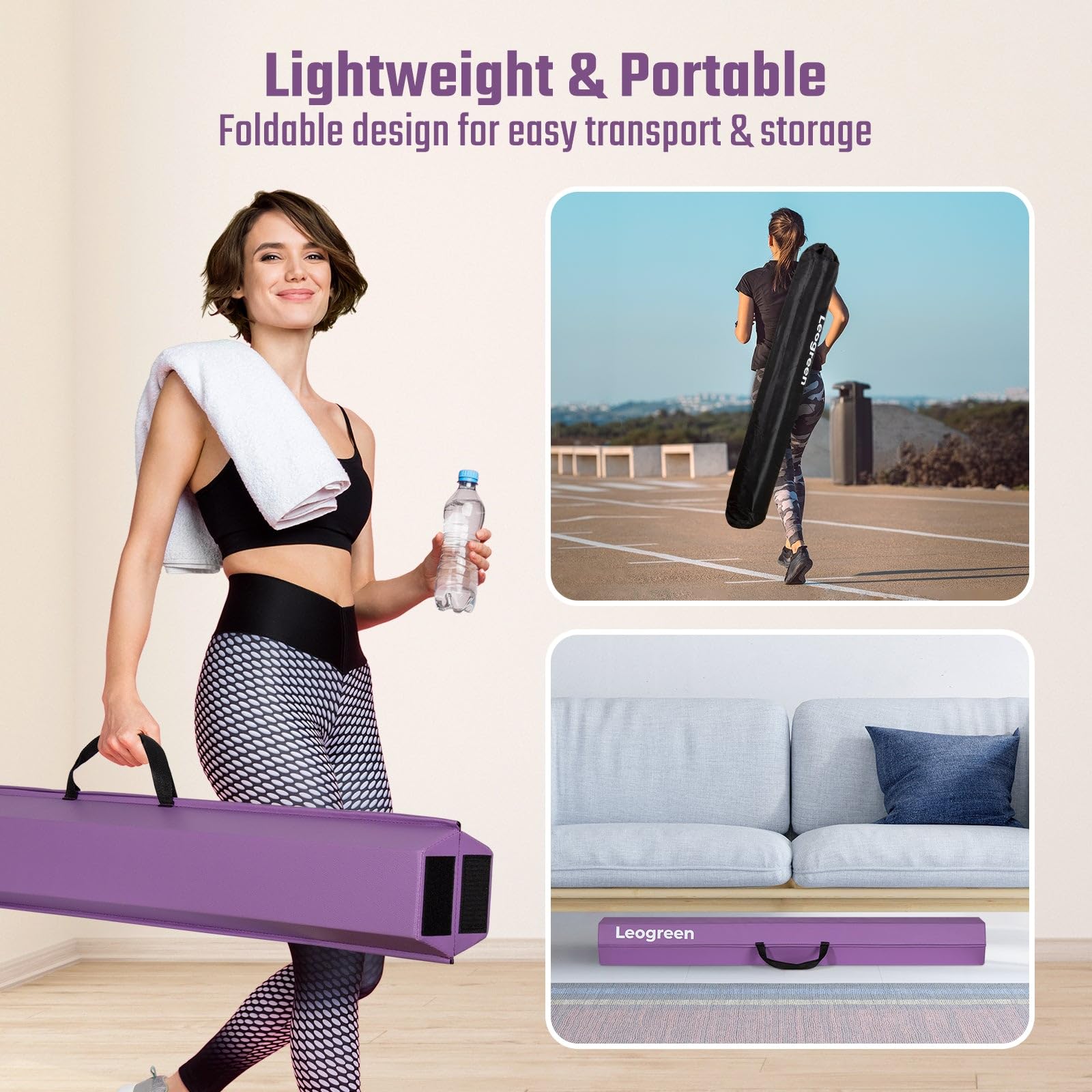 Leogreen Poutre Gymnastique Pliable 240/270cm Cuir de PU Poutre d'équilibre Equipement d'entraînement de Gymnastique avec Fond Antidérapant pour Enfants, Débutants et Gymnastes Professionnels