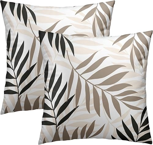 Juego de 2 fundas de almohada decorativas para exteriores, color negro y crema, de 20 x 20 pulgadas, estilo bohemio, con hojas de verano, fundas