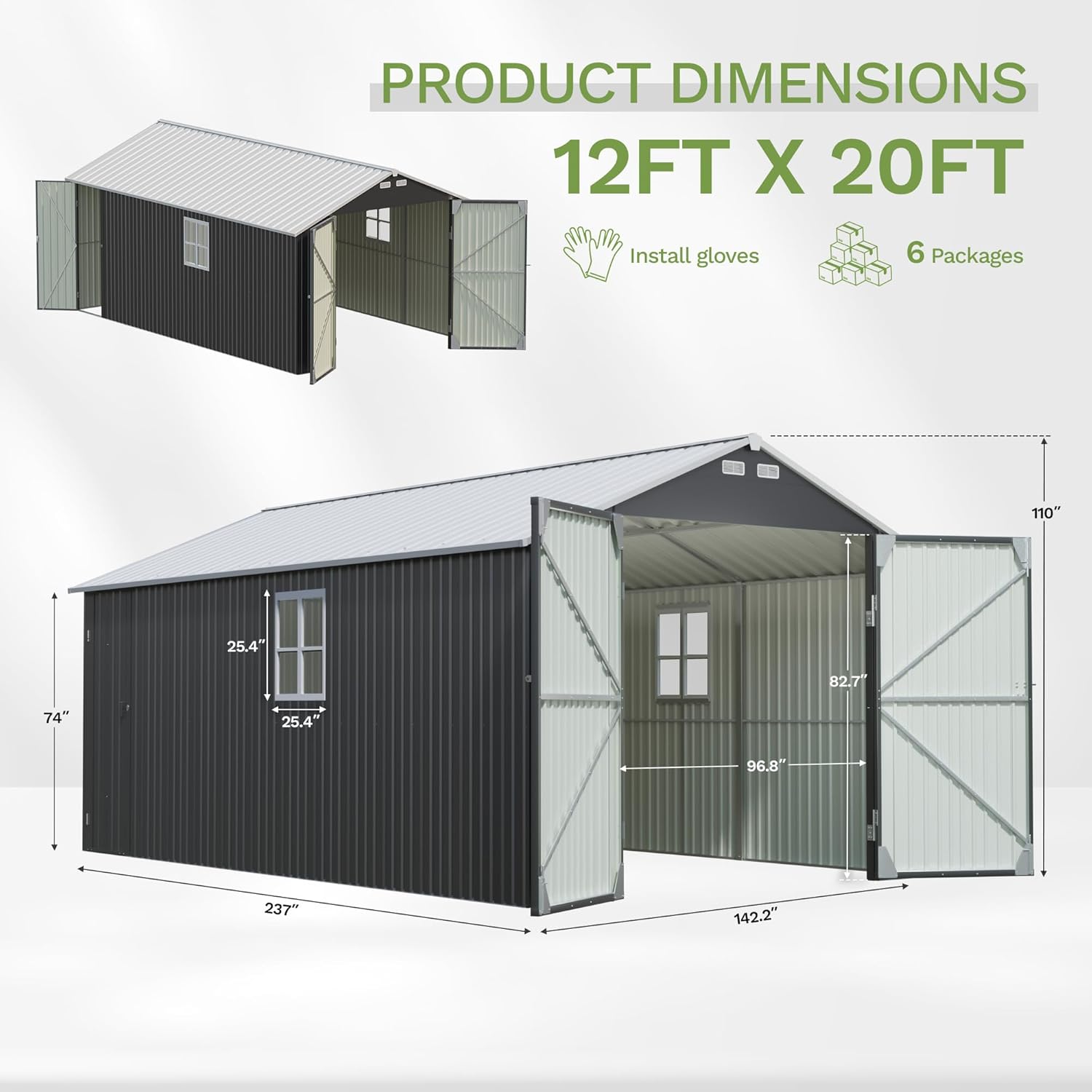 Greesum 12x20FT Metal Carport with Walk-in Side Door, All Weather Metal Garage Shed with Window and Vent, Canopy Shelter with Heavy Duty Frame and Galvanized Roof for Cars, Boats, Tools, Black