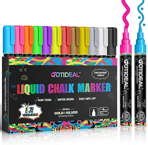 GOTIDEAL Marcadores de tiza, marcadores de tiza líquida de 12 colores para pizarra, calendario, bolígrafos de neón de vidrio, marcadores de ventana