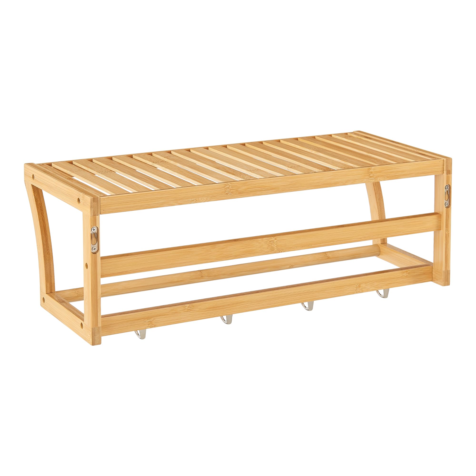 [en.casa] Estantería de Pared para Baño Pasillo con Estante Toallero y 4 Ganchos Mueble de Cocina con Barra para Paños de Cocina Bambú 30 x 55 x 23 cm - Natural