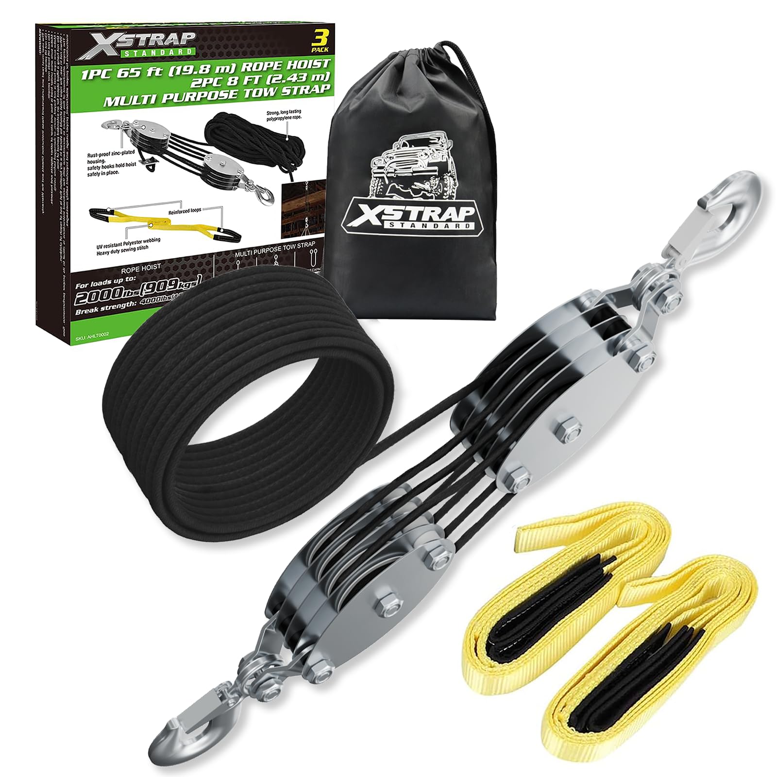 XSTRAP STANDARD Heavy-Duty 4,000 LB Breaking Strength 65 FT Rope Hoist with 2PK 8 FT Lift Sling (Black)