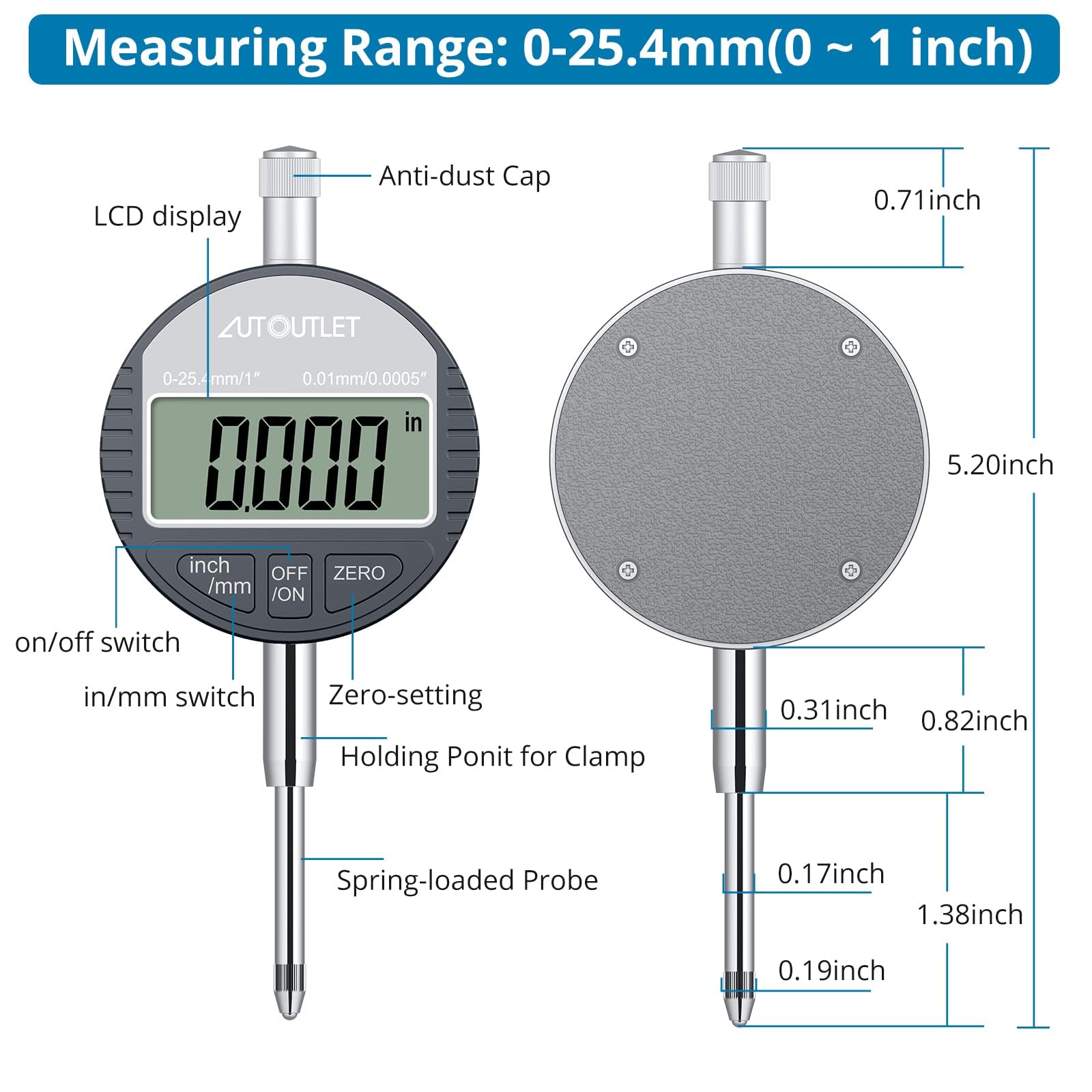 AUTOUTLET Cyfrowy wskaźnik tarczowy i podstawa magnetyczna 0-1 cal/25,4 mm 176 funtów cal/metrycznych automatyczne wyłączanie Polecane narzędzie pomiarowe