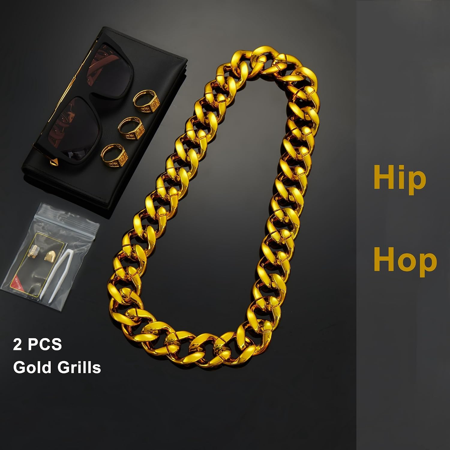 80s 90s Hip Hop Costume Jewelry Kit for Men Gold Cosplay Rapper Accessories Set image 3