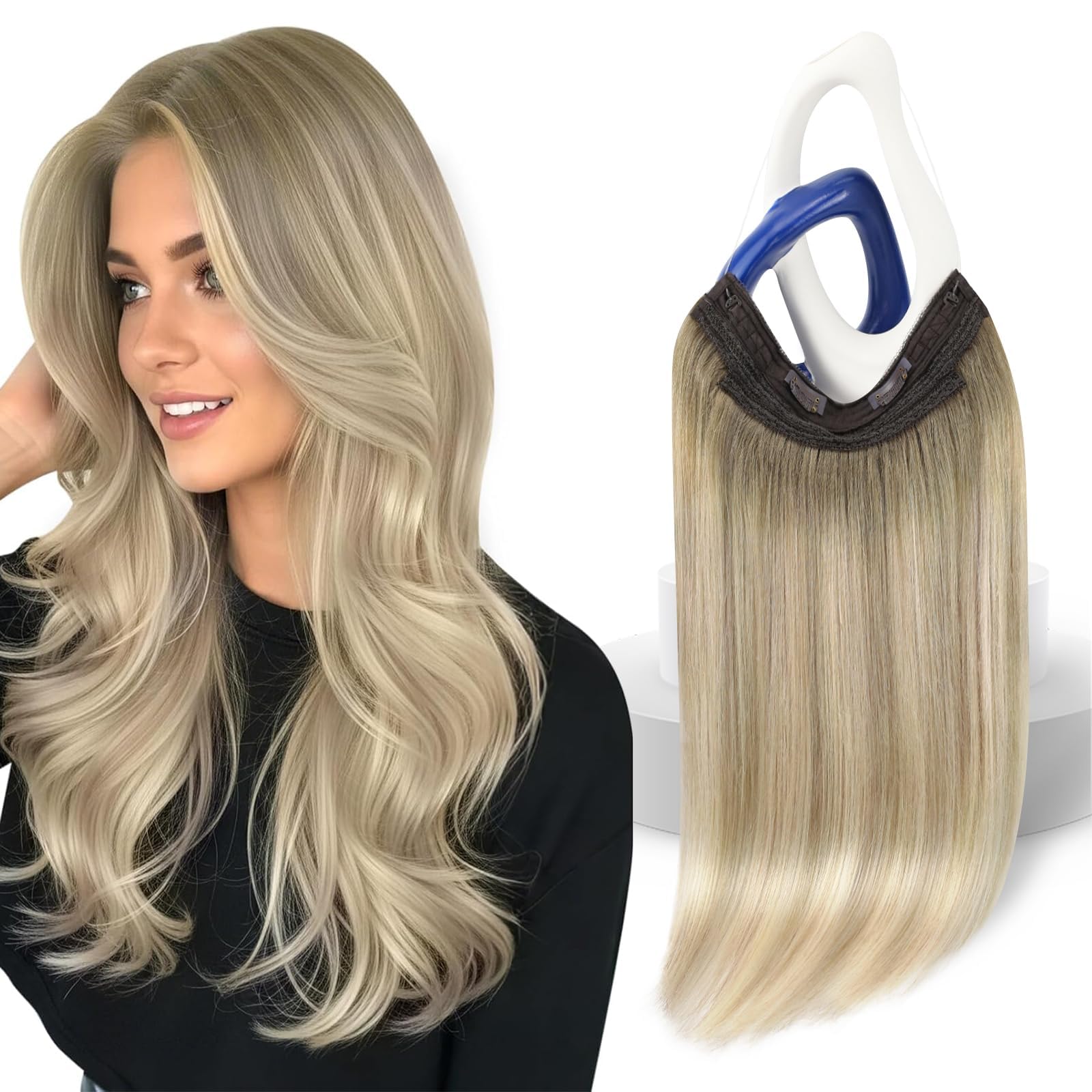 Sunny Hair Wire Hair Extensions for Women 16inch Straight Fish Line Human Hair Extensions Invisible Wire Extensions Easy to Apply Cool Brown Ombre Light Brown Balayage Blonde 85g — view 36