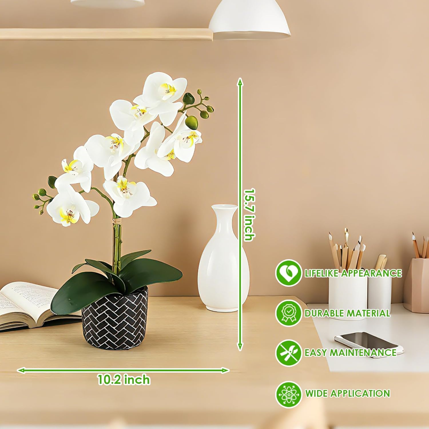 Orchid Artificial Flowers 16" White Fake Orchid Flowers in Gray Ceramic Pot Faux Orchid Plant for Home Decor Office Bathroom Table Centerpiece Indoor(White#2)