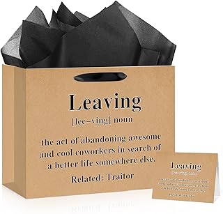 Wauprant Funny Coworker Leaving Gift Bag with Black Wrapping Tissue Paper & Greeting Card Large Faux Kraft Print Farewell Going Away Party Supplies for Colleague Friend Women Men