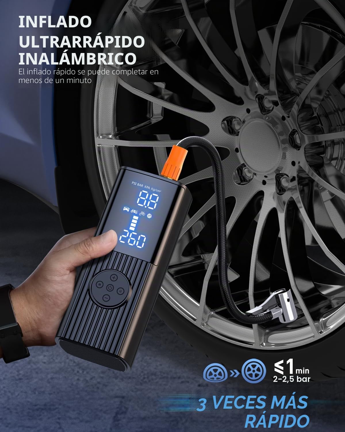 Compresor de aire portátil inflador de neumáticos, compresor de aire portátil de 180 PSI con batería de 25000 mAh, bomba de aire inalámbrica de inflado rápido 3X para coche, motocicleta, bicicleta