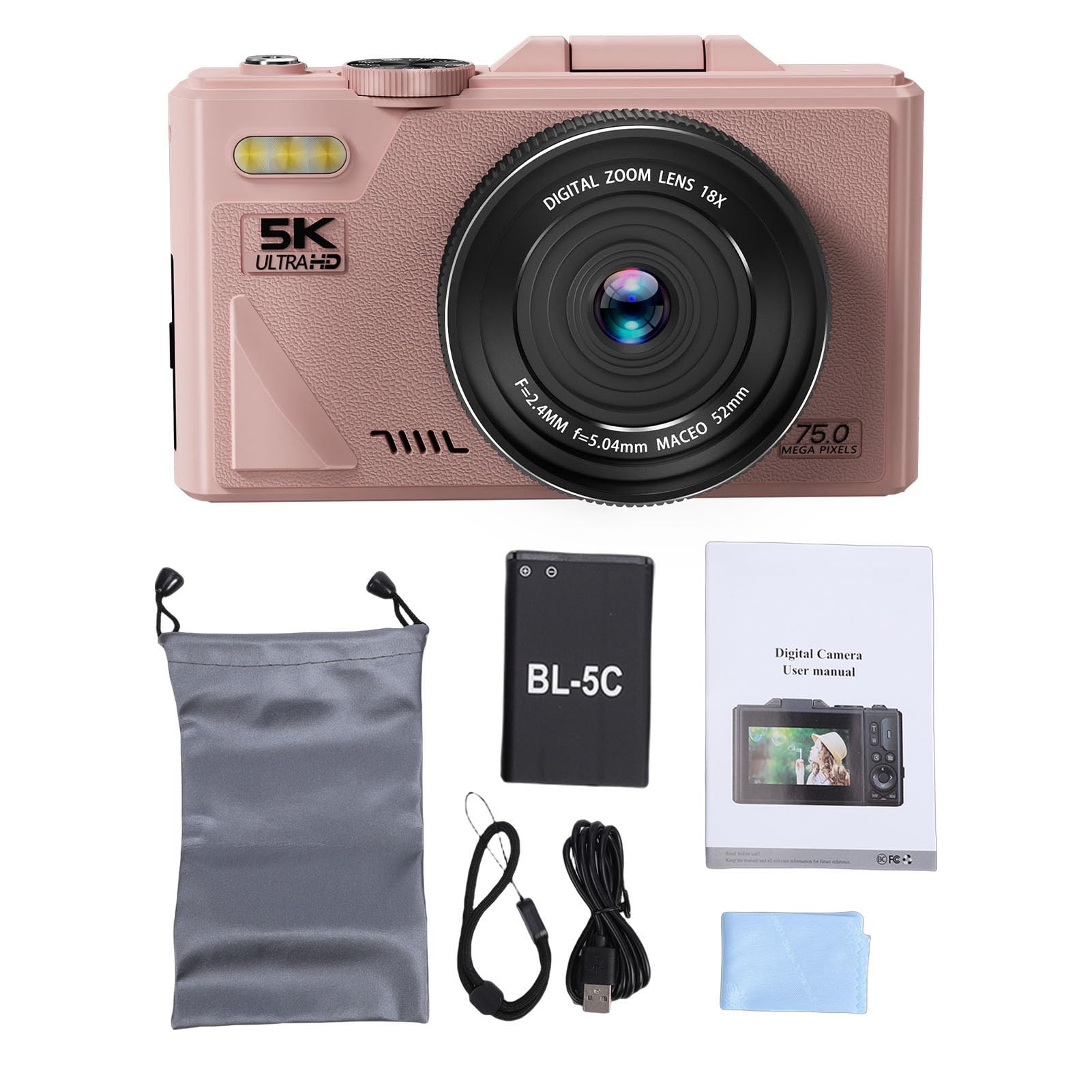 LICAEVEY Fotocamera Digitale 5K da 75 MP con Zoom 18X e Messa a Fuoco Automatica, Fotocamera Mirrorless per Fotografia, per Vlogging HD con Schermo Ribaltabile, Stabilizzazione Multipla, retrò per