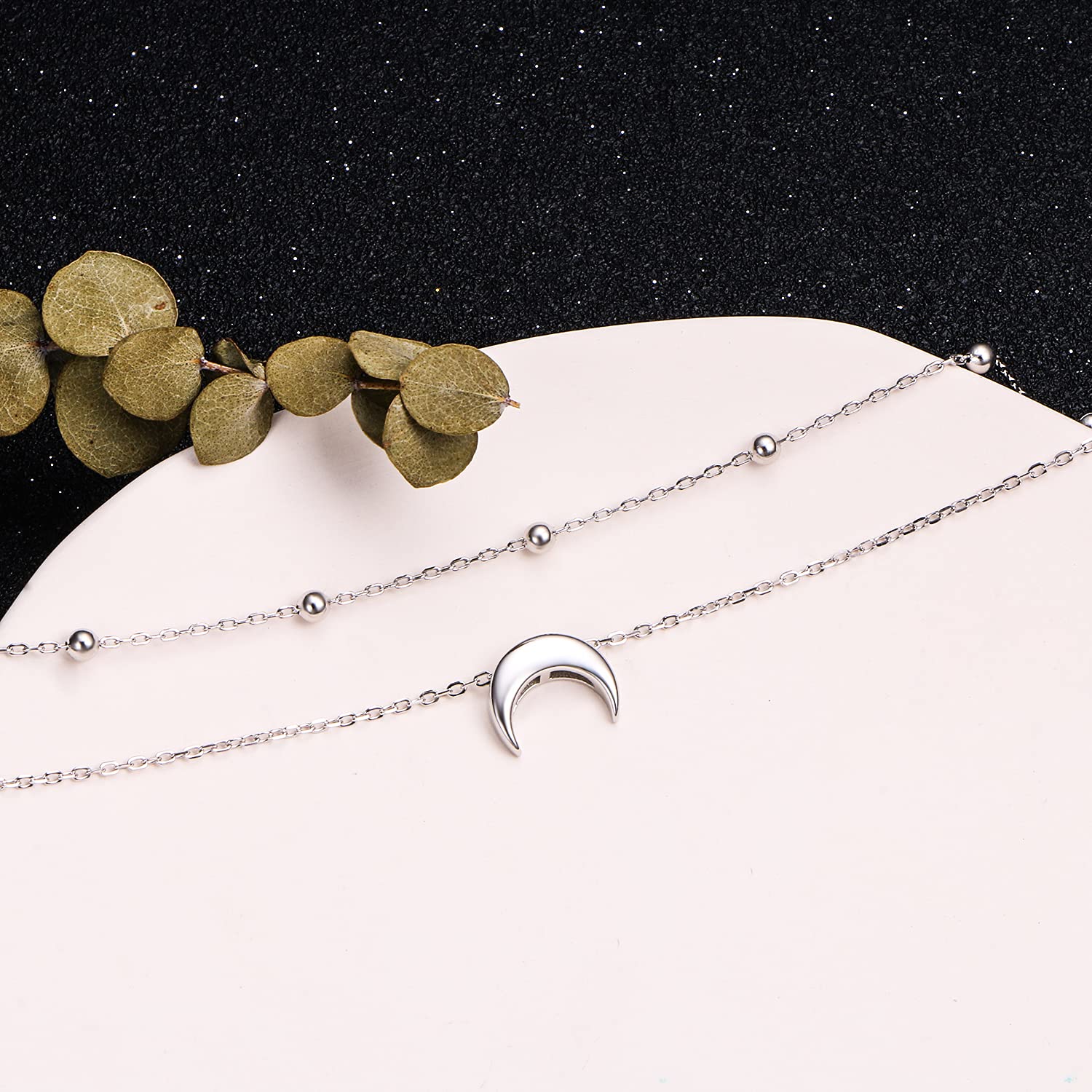 Flyow Moon Layered Fußkettchen 925 Sterling Silber für Damen Mädchen Einstellbare Perlen Halbmond Knöchel Armband Boho Strand Fuß Kette 9+1,5 Zoll Charme Schmuck