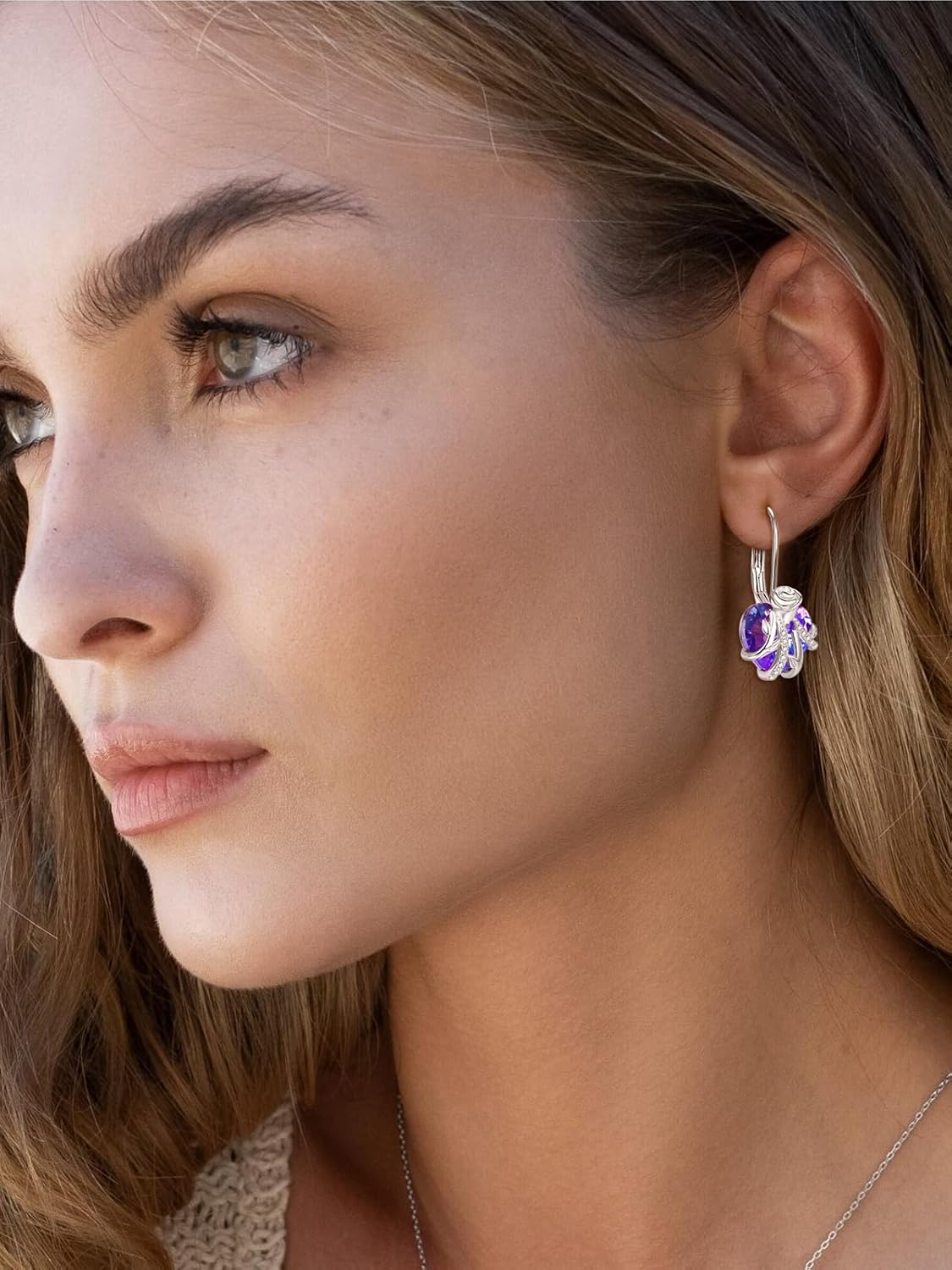 AENEAS Stocking Stuffers for Women Rose Heart Dangle Drop Earrings for Women Sterling Silver Amethyst Rose Flower Dangling Leverback Earrings Flower Jewelry Anniversary Christmas Birthday Gift for Wife Her Mom - Image 4