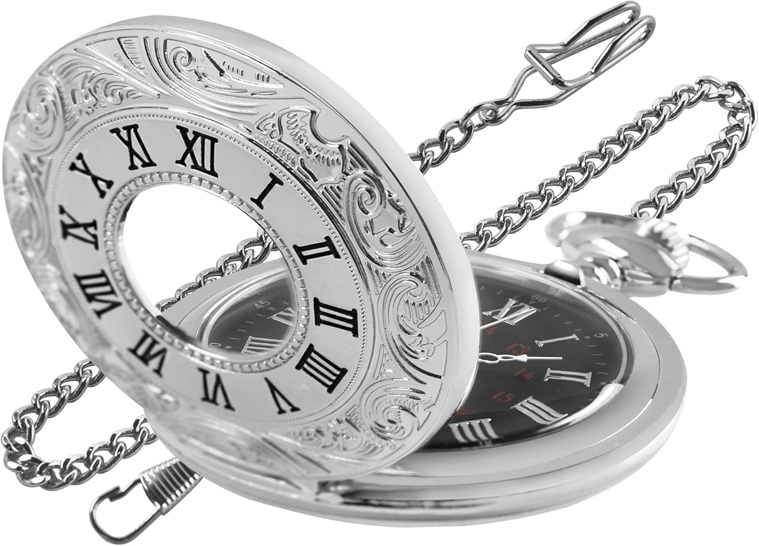 Hollow Roman Digital Scale Men’s Quartz Pocket Watches, Quartz Pocket Strap with Chain for Men