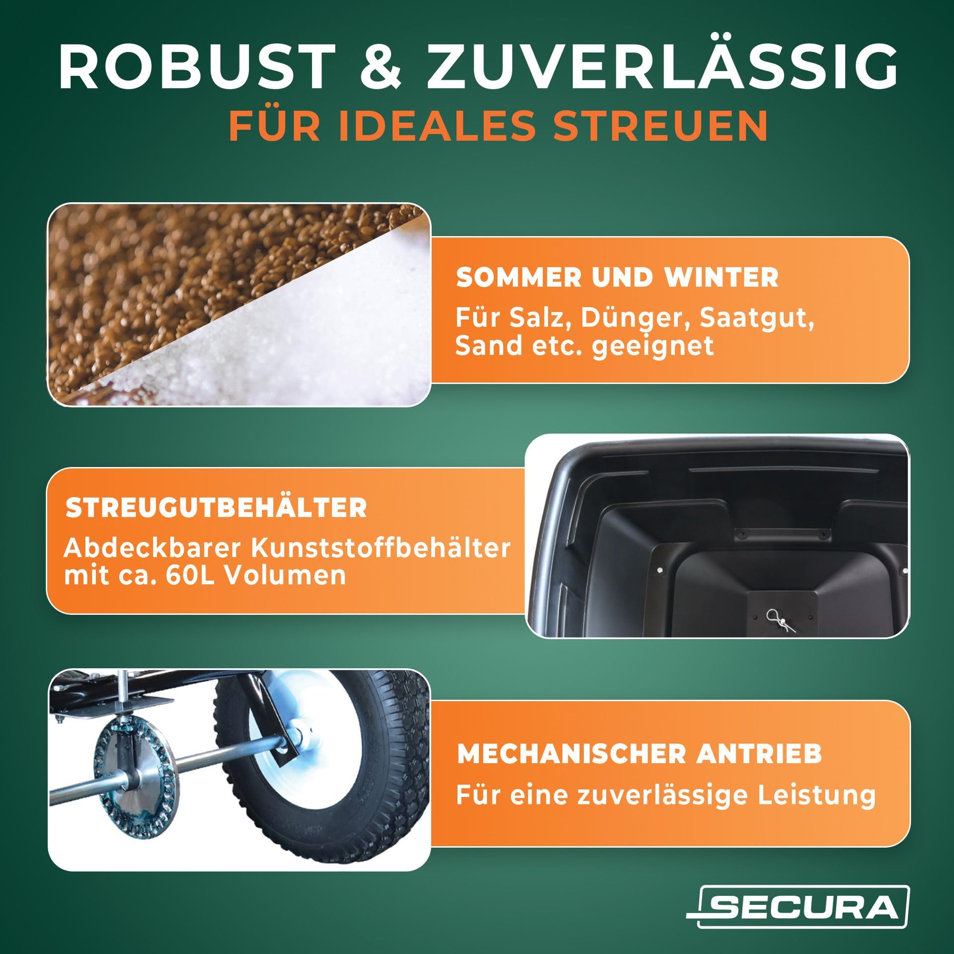 SECURA UNIVERSAL Streuanhänger für Rasentraktoren und Aufsitzmäher bis 56 kg Dünger Saatgut Streusalz