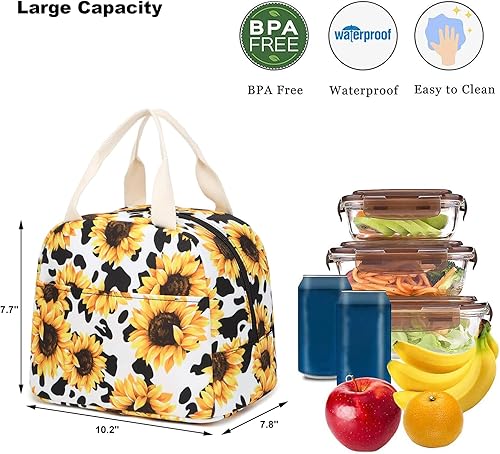 Miniatura 2 de Bolsa de almuerzo aislada con estampado de vaca y girasol para mujeres y niñas, lonchera reutilizable, bolsa de picnic para adultos, niños, escuela,