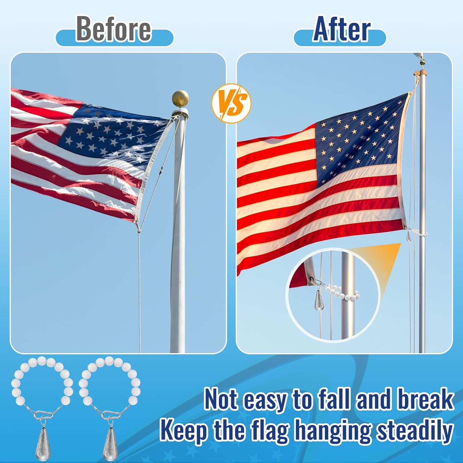 2 Pcs Flag Pole Beaded Retainer Rings & 1.3 lb Flag Weights Flagpole Accessories Stainless Steel Tether and Weight for Internal Halyard System Flagpole Bottom Mount(White)