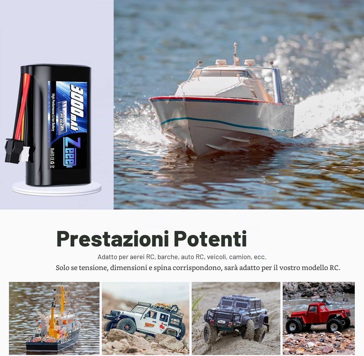 Zeee 2S Li-Ion Batteria 7,4V 3000mAh con spina SM 2P, Batteria RC ricaricabile compatibile con auto RC WPL MN, barche RC, camion RC (2 pezzi)