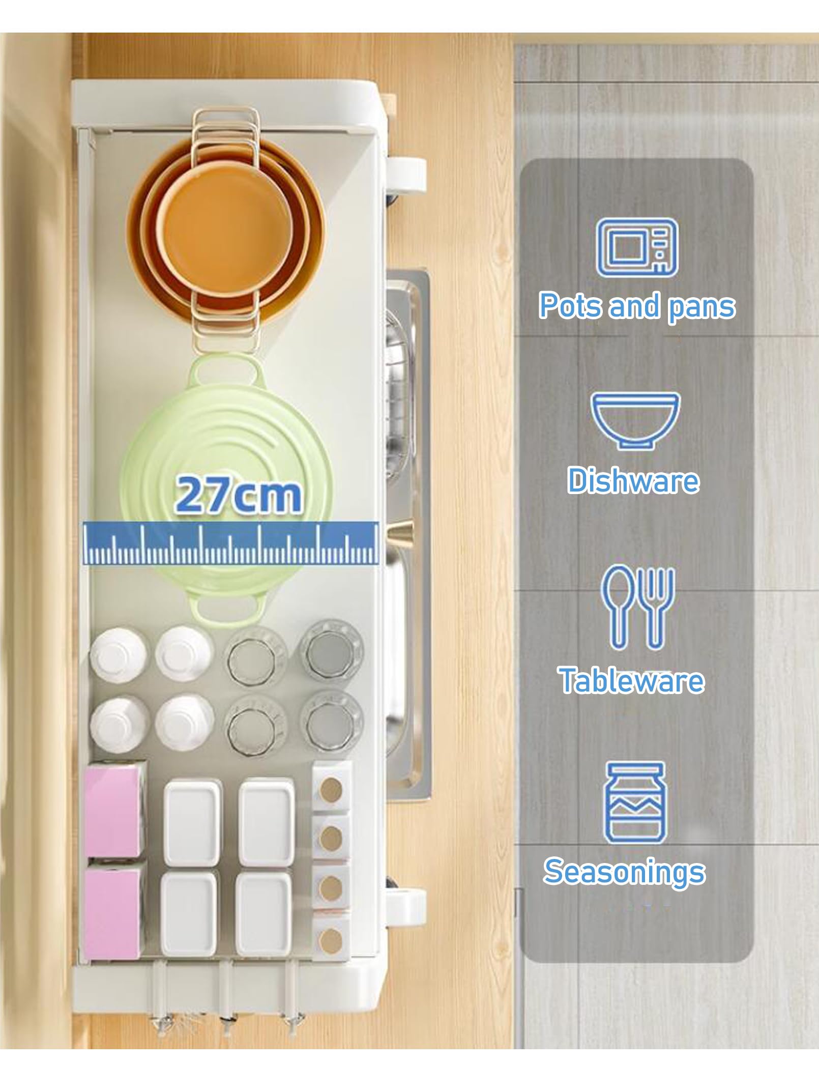 Escurridor de platos ajustable de 3 niveles con panel de drenaje, encimera de cocina con ganchos para sils y soporte de cuchillos, color blanco, ideal para almacenamiento en gabinetes