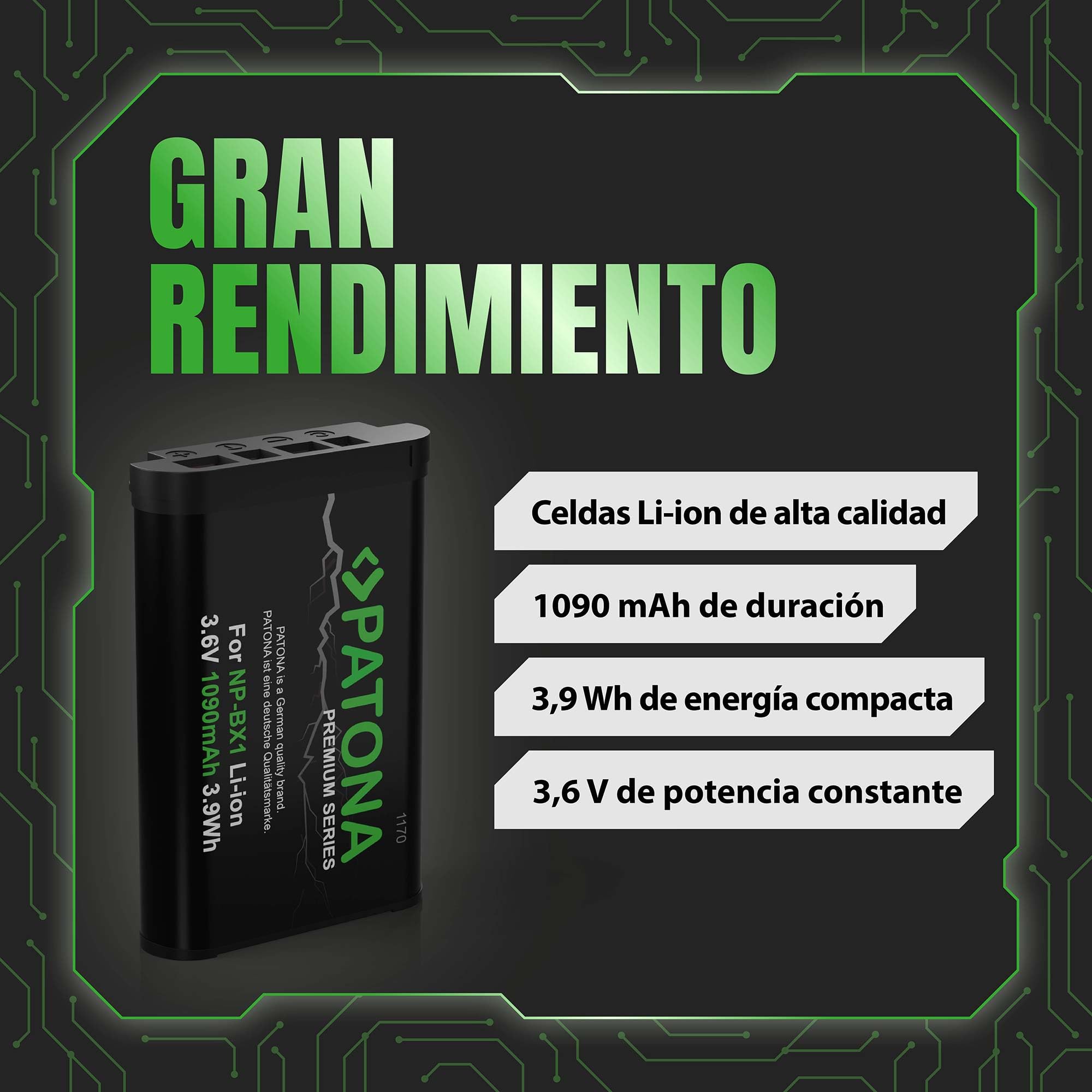 PATONA 2X Premium NP-BX1 Batería 1090mAh Compatible con Sony CyberShot DSC-RX1 R RX1 RX100 II III IV V Vi VII M HX50 HX60 HX80 HX90 HX99 HX400V WX300 WX500 DSC-RX100 DSC-HX50 NPBX1 NP BX1