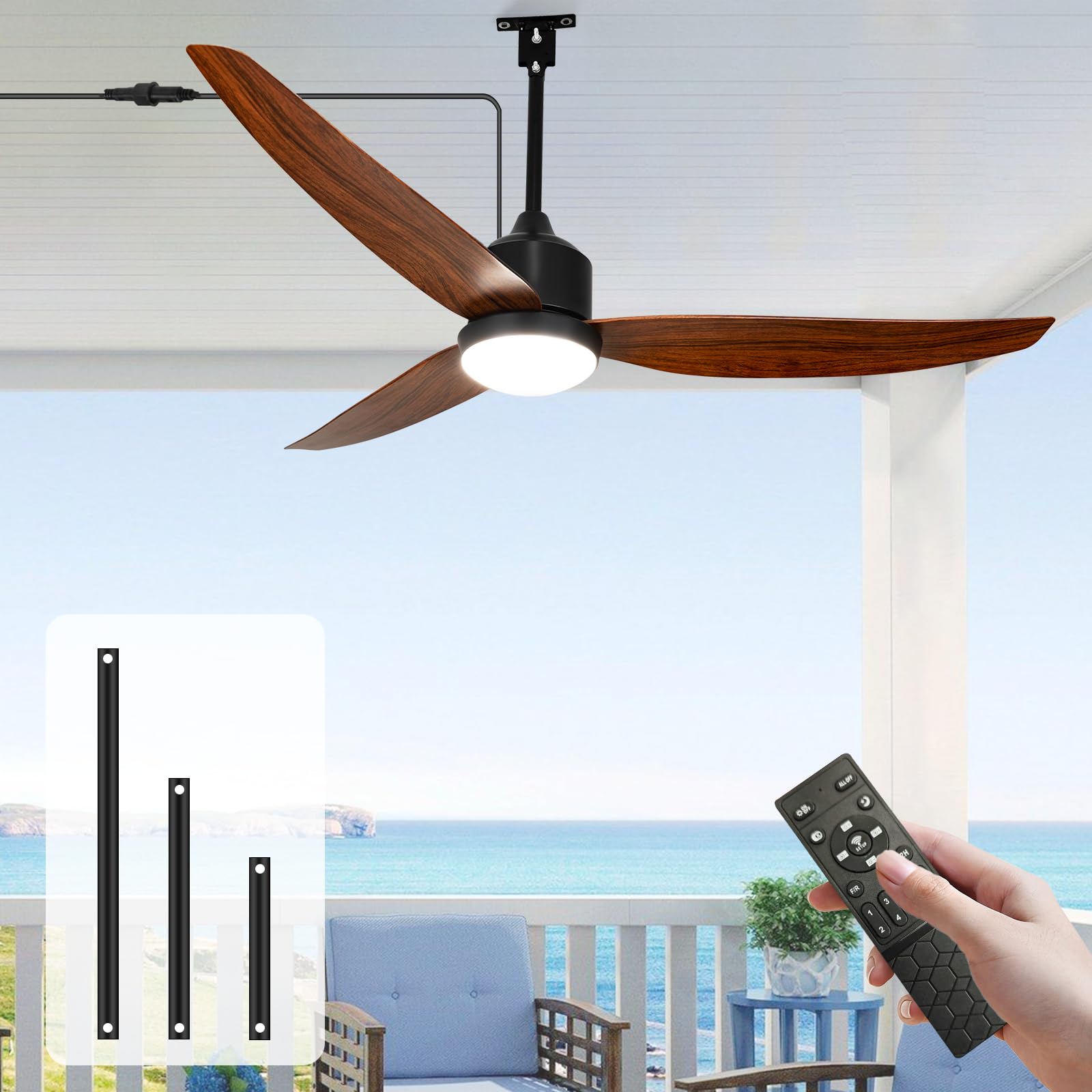 Ventilador de techo exterior con luz y mando a distancia, 132 cm, con 3 alas para tienda de campaña, motor CC impermeable, 6 velocidades reversibles, regulable, temperatura
